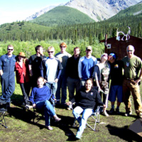 group photo at cabin